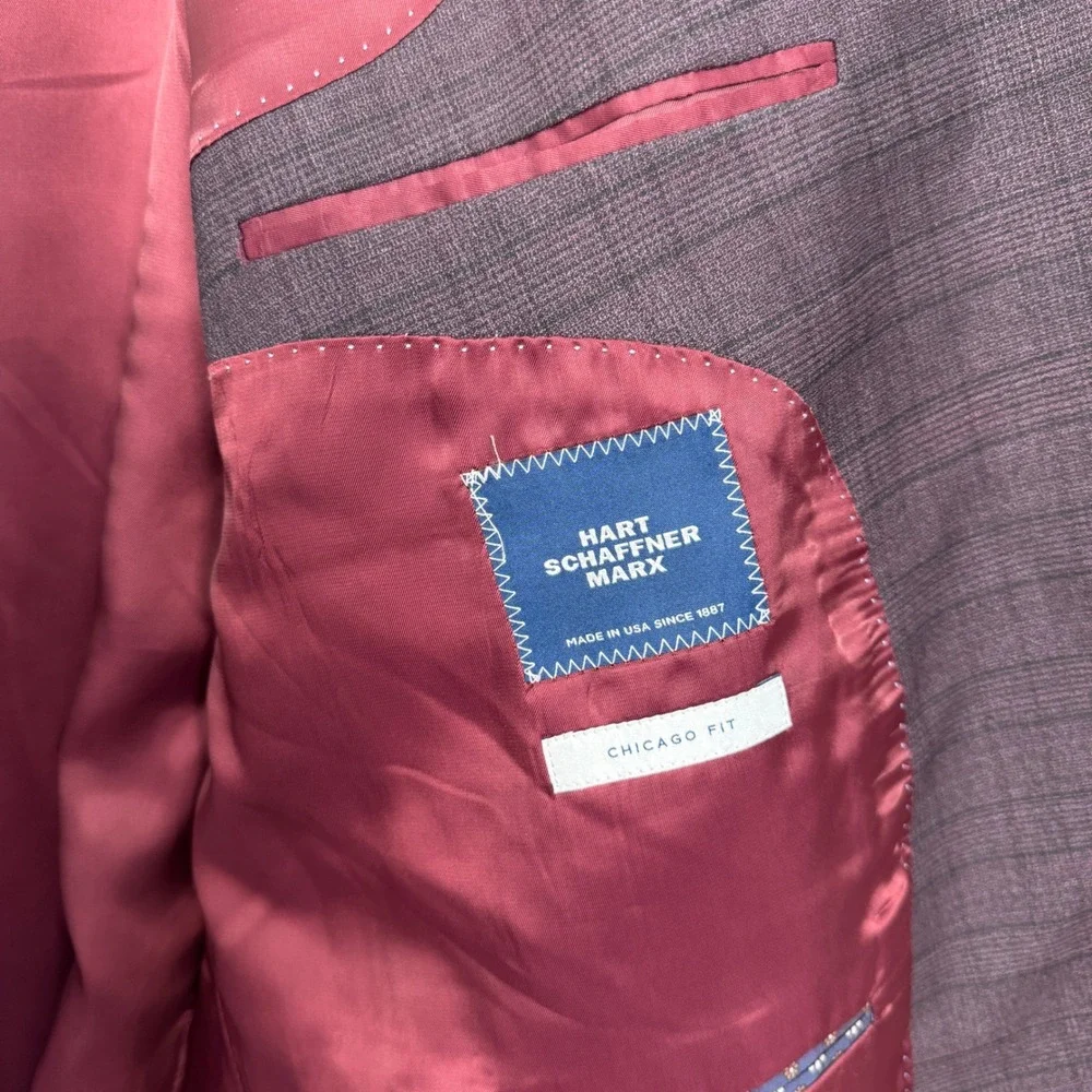 Hart Schaffner Marx Chicago Fit Suit Mens 52L Plum Purple Glen Plaid Wool USA